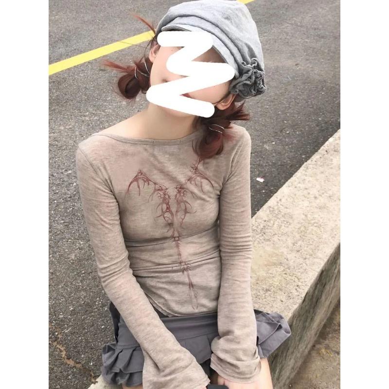 Topuri tricotate Tricou cu imprimeu cu tatuaje vintage Wasteland Punk Tricou neregulat Gotic Y2k Îmbrăcăminte în două sensuri Topuri pentru fete cu mâneci lungi