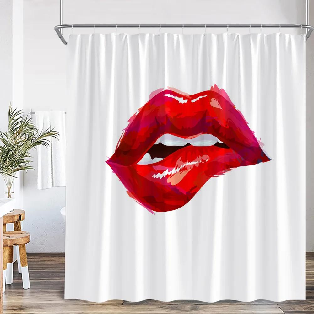 Rote High Heels Duschvorhänge Kosmetik Rote Lippen Rosa Badezimmerdekorationen Modernes Mode-Mädchen Schönheit Badevorhang mit Haken