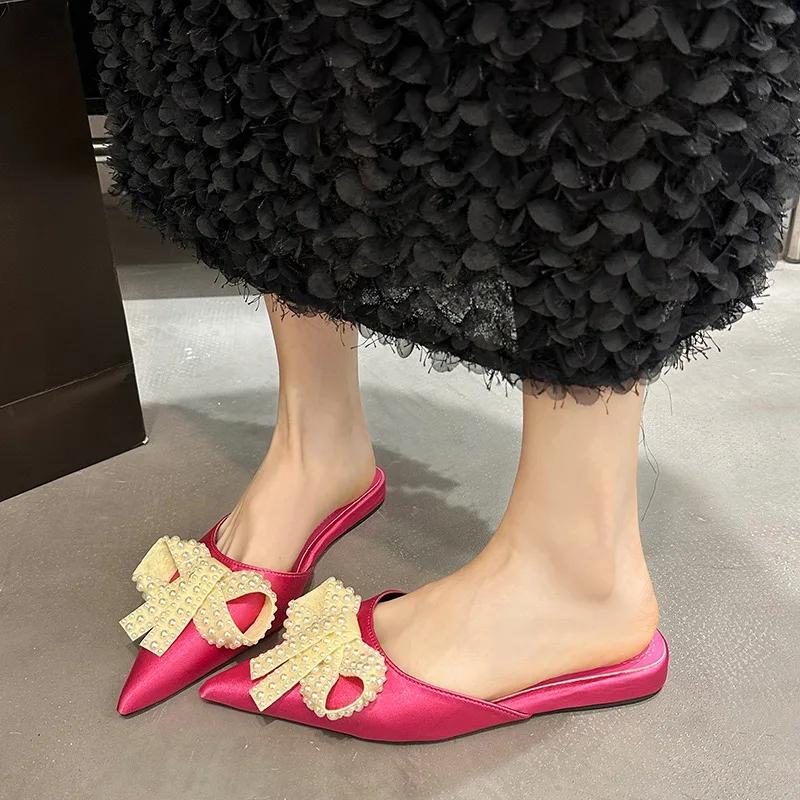 Fashion 2025 Shoes Female Closed Toe Women's Slippers Fashion Dress Slippers Women String Bead Bow Tie Pointed Toe Low Heel Sandals