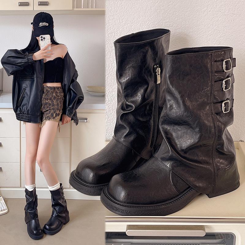 Brown retro trouser boots women's 2025 new autumn thick-soled heightening small knight boots temperament short boots