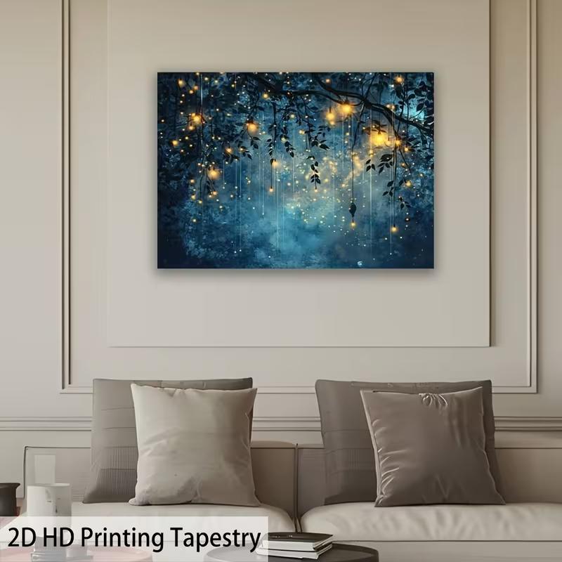 2D Starry Night Tree Tapestry, Magical Blue Background with Hanging Lights for Bedroom