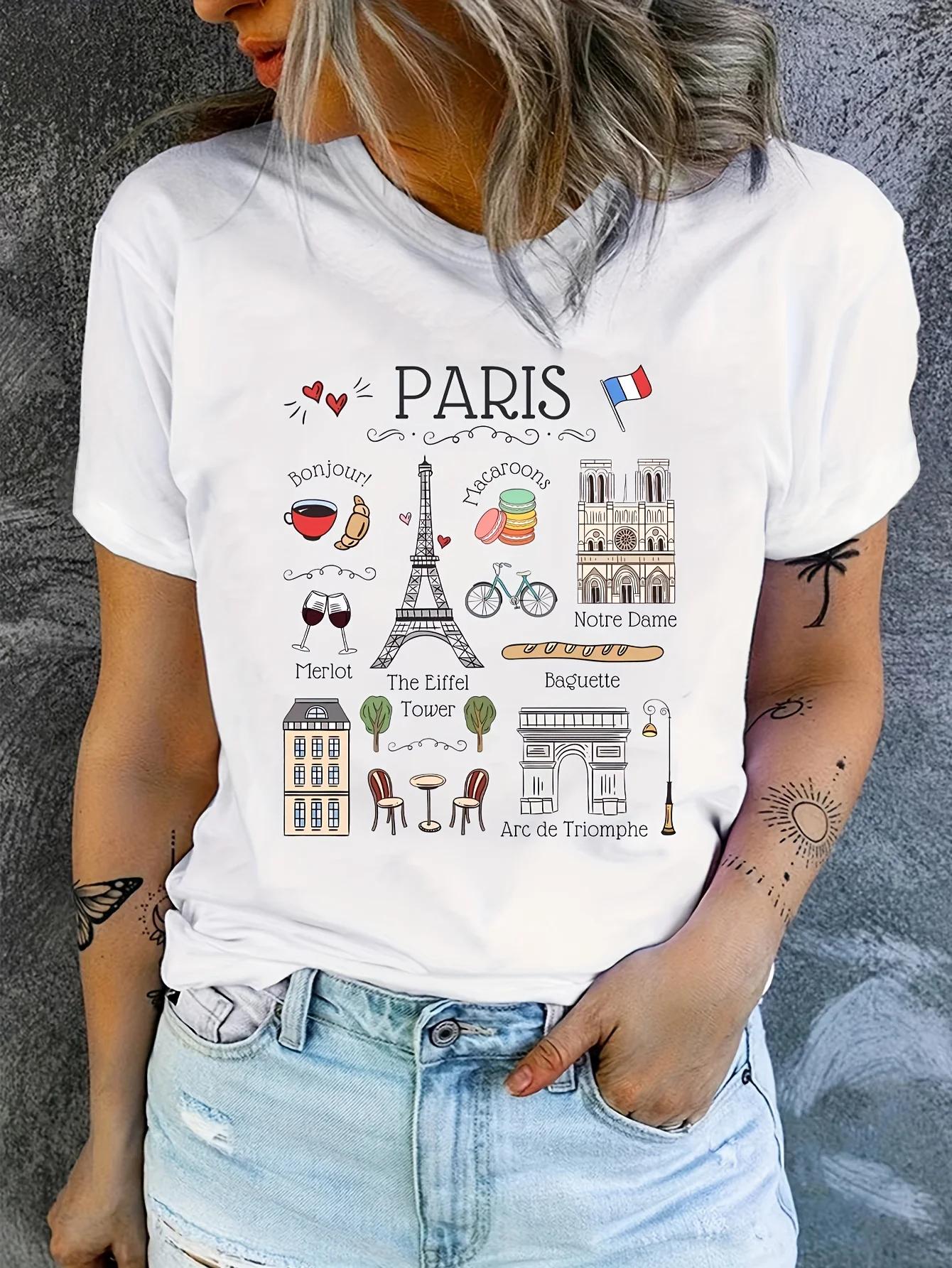 Paris Eiffel Tower Print Womens Casual Tshirt  Short Sleeve Activewear Top S