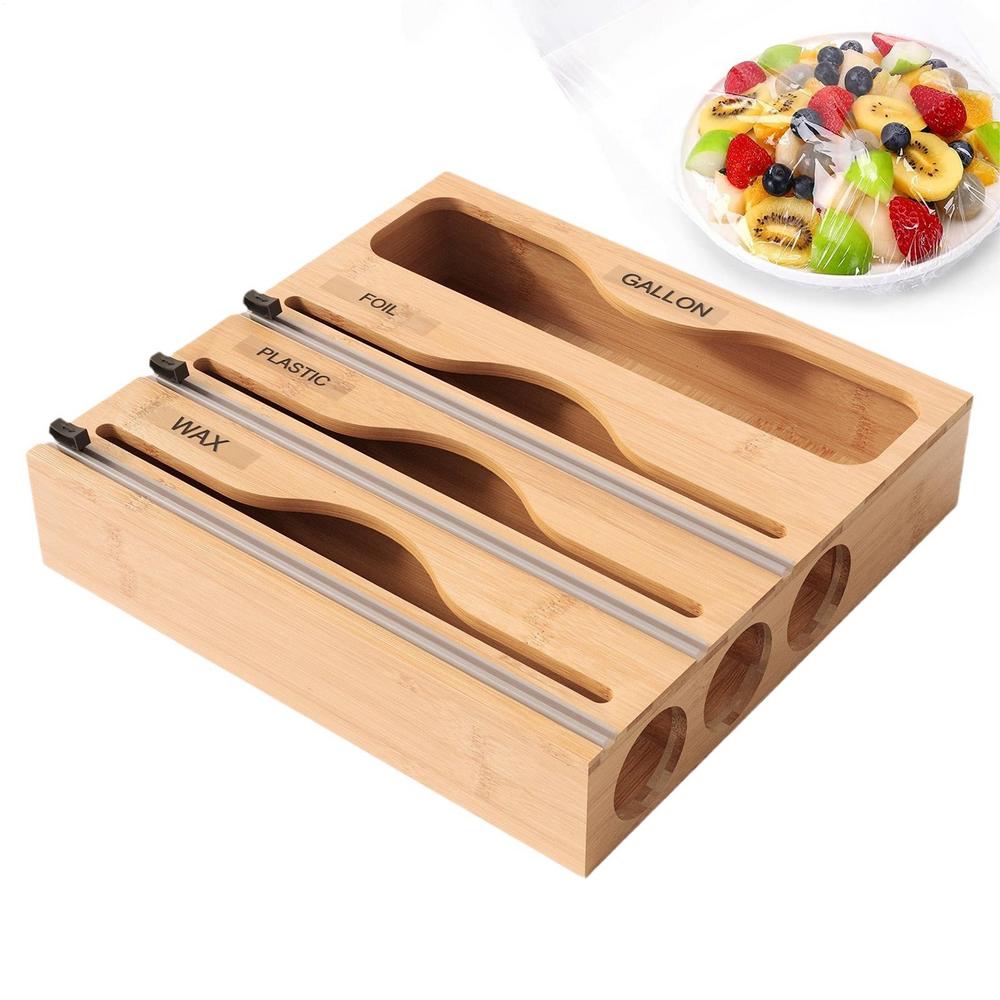 5-in-1 Kitchen Storage Shelf Plastic Wrap Dispenser With Cutter Bamboo Ziplock Bag Organizer Multifunctional Wrap Dispensers