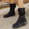 Block Heel Suede Mid-Tube Boots Women's Autumn New Pointed Toe Metal Buckle Soft Slip Stack Boots