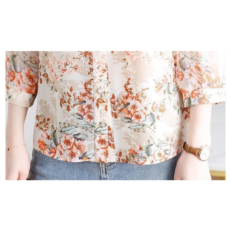 Vintage Flower Print Bow Shirt Women Clothing Summer Three Quarter Sleeve Tops Loose Sweet Blouse
