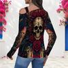 Women Plus Size Asymmetric Cutout Neck Cold Shoulder Long Sleeve Skull Floral Printed Black Fitted Shirt