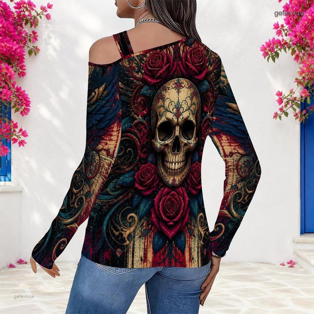 Women Plus Size Asymmetric Cutout Neck Cold Shoulder Long Sleeve Skull Floral Printed Black Fitted Shirt