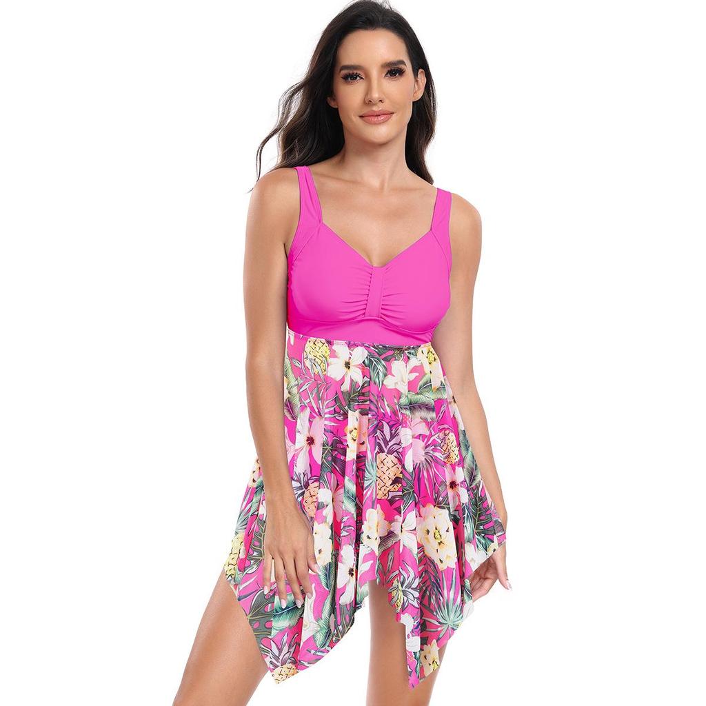 2024 European & American Plus Size Slimming Swimsuit with Tummy Cover and Printed Skirt