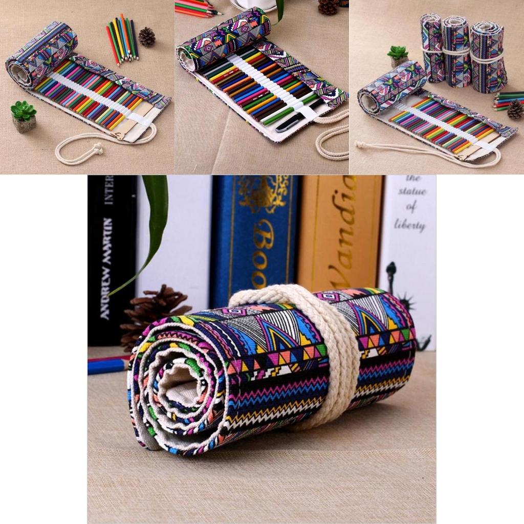 Ethnic Style Colored Geometric Pattern Pencil Canvas Storage Bag For Artists And Students