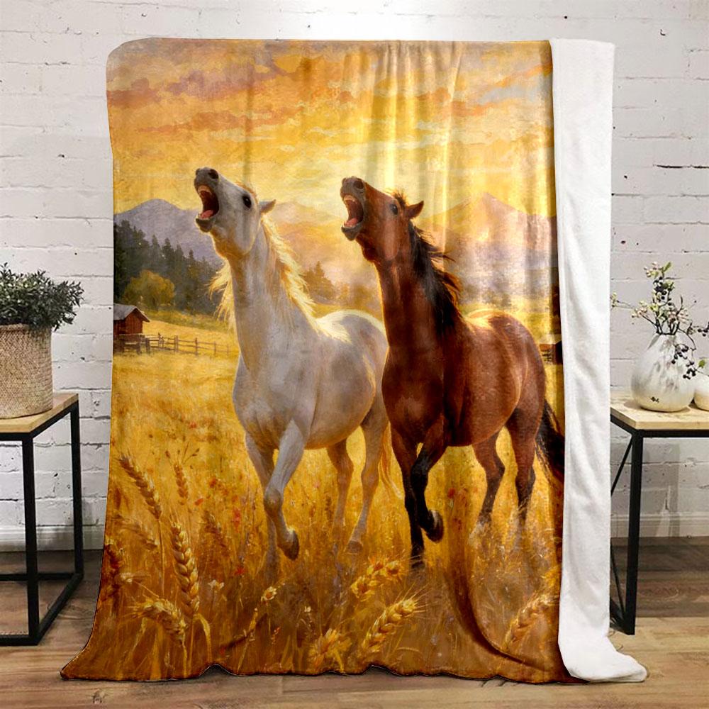 Multi-Size The Romance of Two Horses Print Blanket Flannel Soft Comfort Home Travel Blanket Kids Warm Blanket Picnic