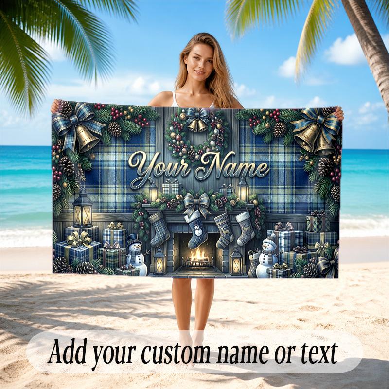 Christmas Theme Quick Dry Beach Towel Custom Name Text Print Large Sand Resistant Towel Beach Vacation