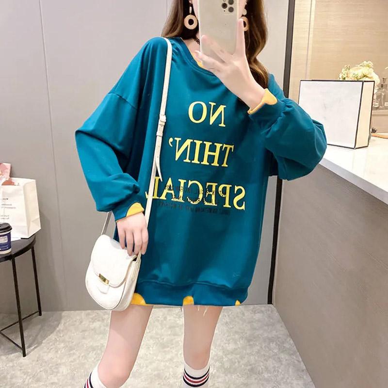 Cotton Sweatshirt Women Autumn Spring Large Size Loose Mid-Length Round Neck Sweatshirt Casual Versatile Long Sleeve Tops