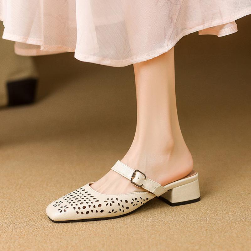 Summer Women's Bag Head Slippers Casual New Mid-heel Soft-soled Slippers Women's Solid Color One-pedal Size Cool Slippers