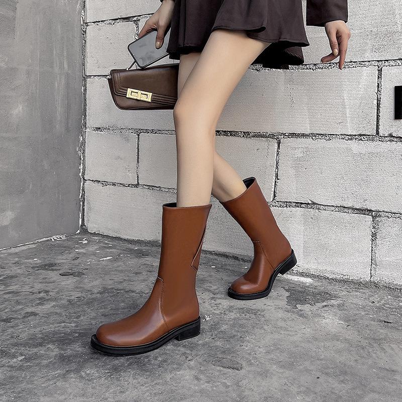 Early autumn clamshell rear split middle boots retro thick heel round head autumn and winter new Martin boots women