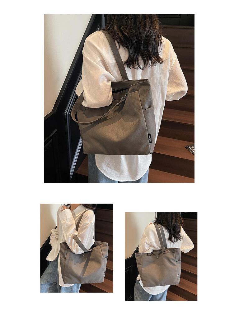 Korean Style Large Capacity Canvas Tote Bag - Lightweight, Solid Color, Shoulder Handbag with Print Logo