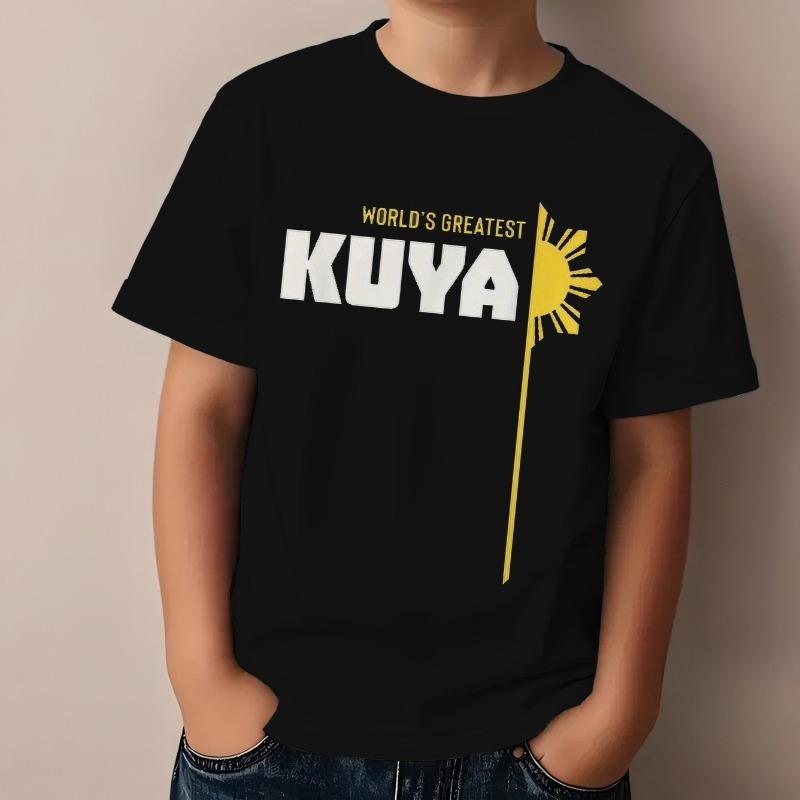 Boys Crew Neck Short Sleeve T-Shirt with KUYA Letter & Sun Pattern Print