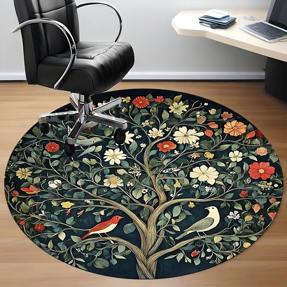 1PC Floral Tree Birds Office Round Area Rug,  Mat Suitable ForOffice, Under Office Chairs Bedroom Living Room Home Decor, Room Deco