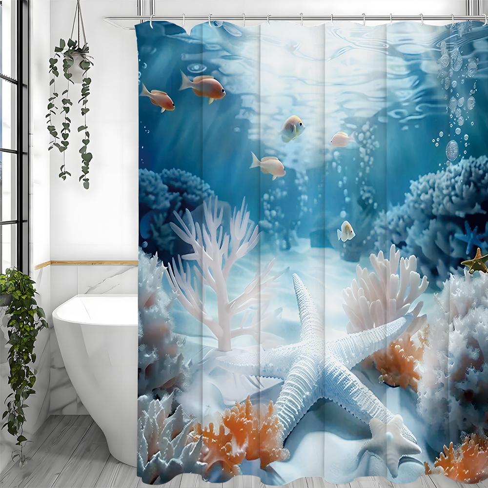 Underwater World Starfish Coral Shower Curtain, Bathroom Decorative Shower Curtain, Waterproof Shower Curtain with Hooks