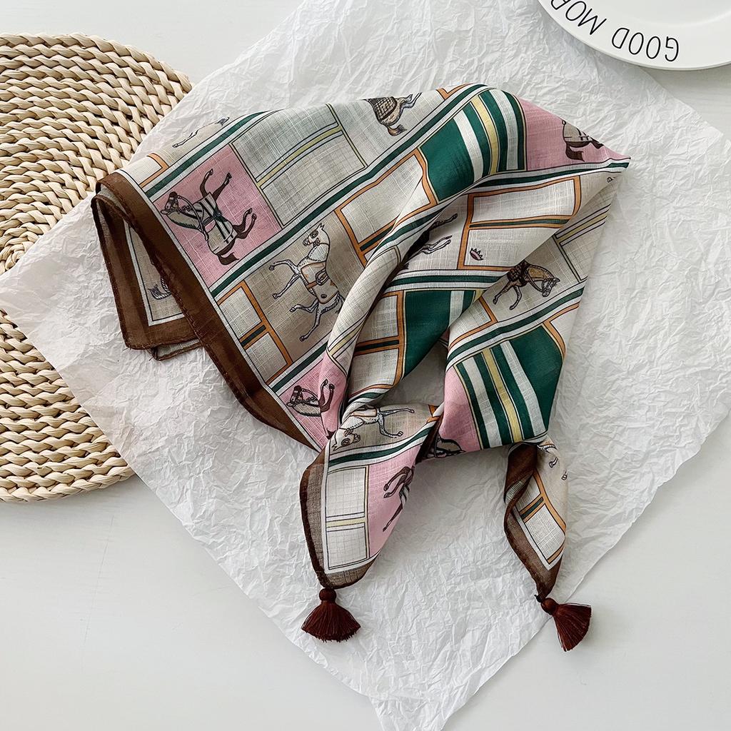 Spring and summer new horse versatile strap spike small square scarf women's Korean version fashion cotton and linen headscarf multi-functional hair t