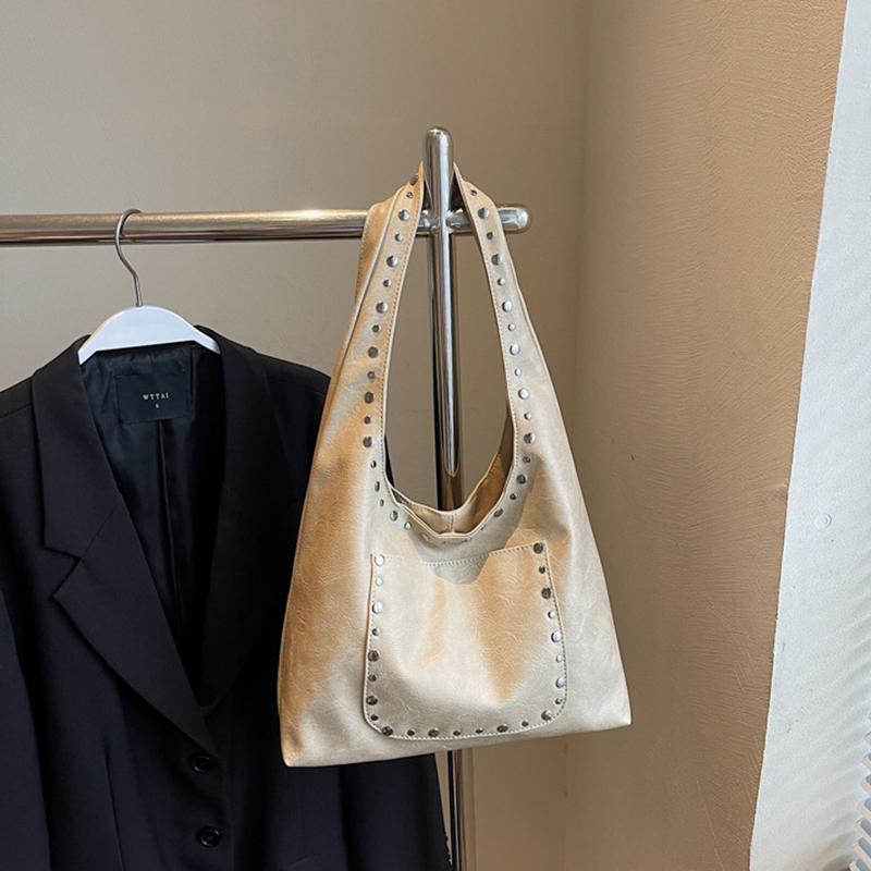 

Женская ретро сумка-тоут с заклепками, однотонная, для поездок на работу, путешествий, шопинга, универсальная, большой вместимости, на плечо 30x11x22cm бежевый