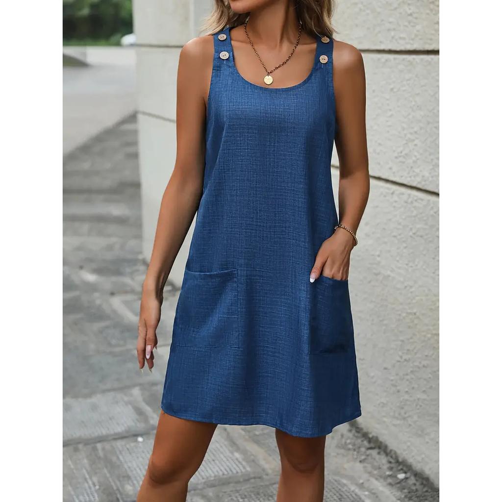 New Women's Summer Casual Denim Style Sleeveless Tank Dress with Pockets - Breathable & Comfortable