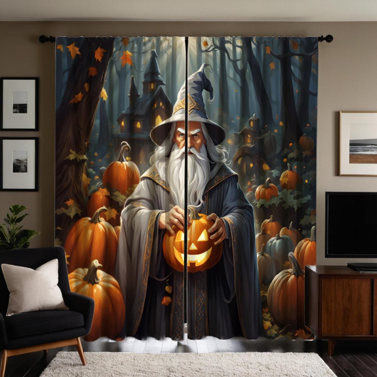

2 шт. HD темная ночь Хэллоуин с тыквой-фонарем старик занавеска черный галстук цифровая печать занавеска украшение дома стиль W52H63inchW132H160cm