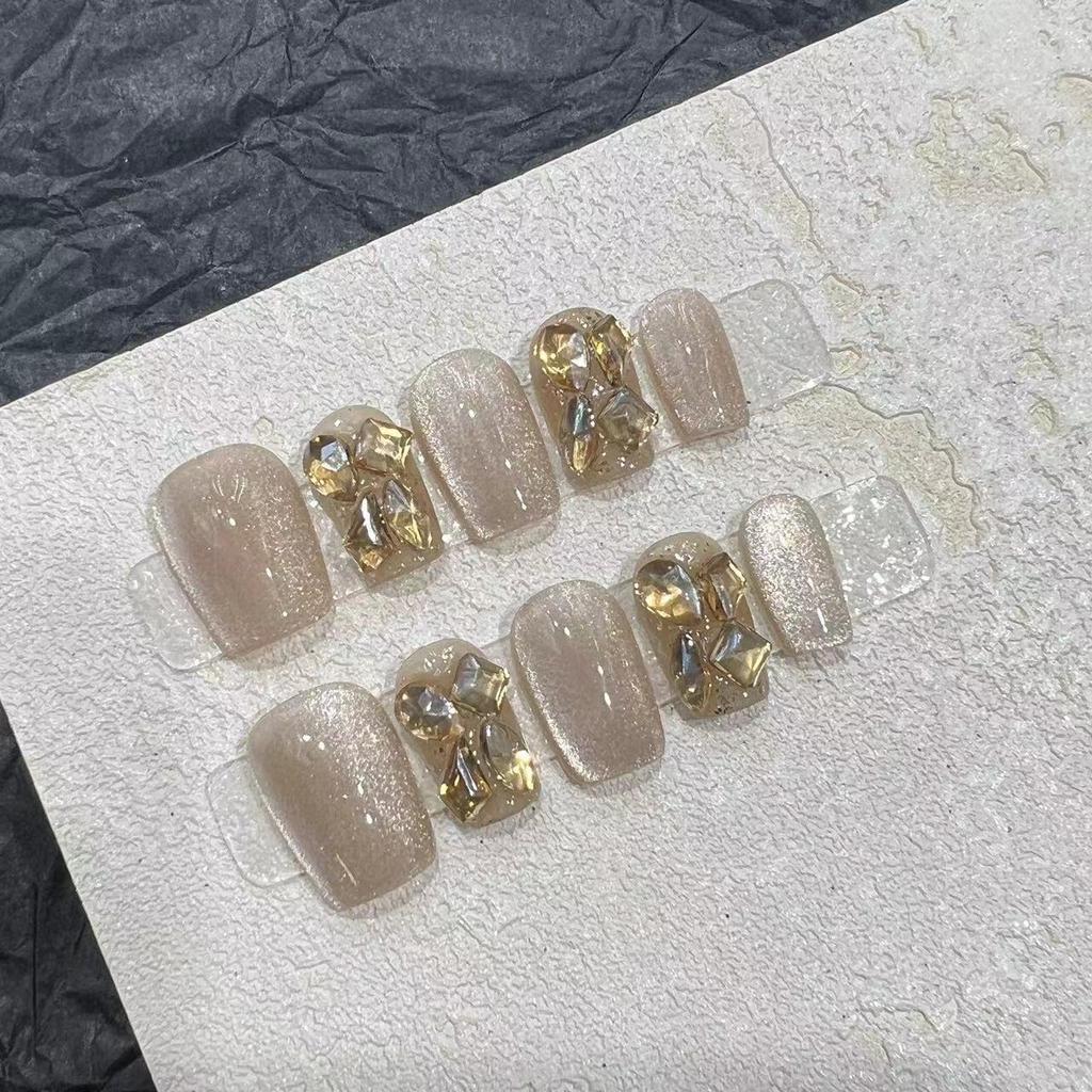 Wearing Armor Handmade Manicure Finished Fake Nail Patch Mocha Light Chase Cat Eye Flash Champagne Diamond Removable