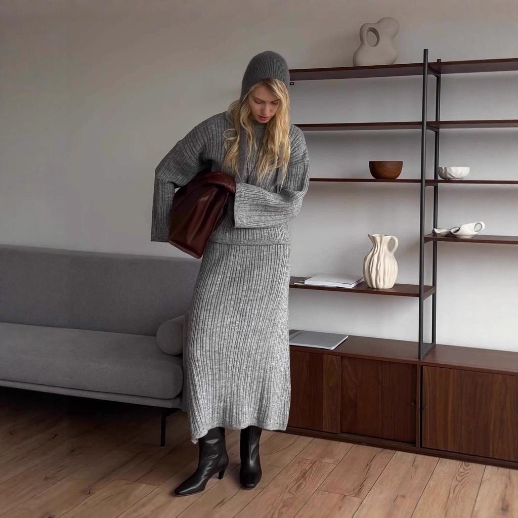 Women's Knitted Sweater 3 Piece Sets Winter Fall Lounge Long Sleeve Top Midi Dress Outfits Casual Chunky Sweater Skirt Sets for Women Loungewear Sets