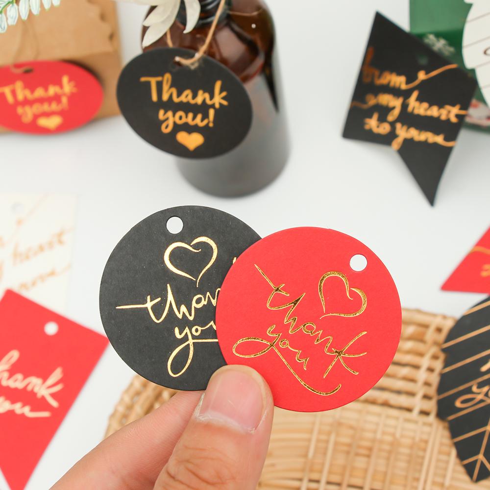 50PCS Gold Stamping Paper Gift Tags Thank You Hang Label Christmas Box Decor Black Red White Birthday Party Supplies DIY Access