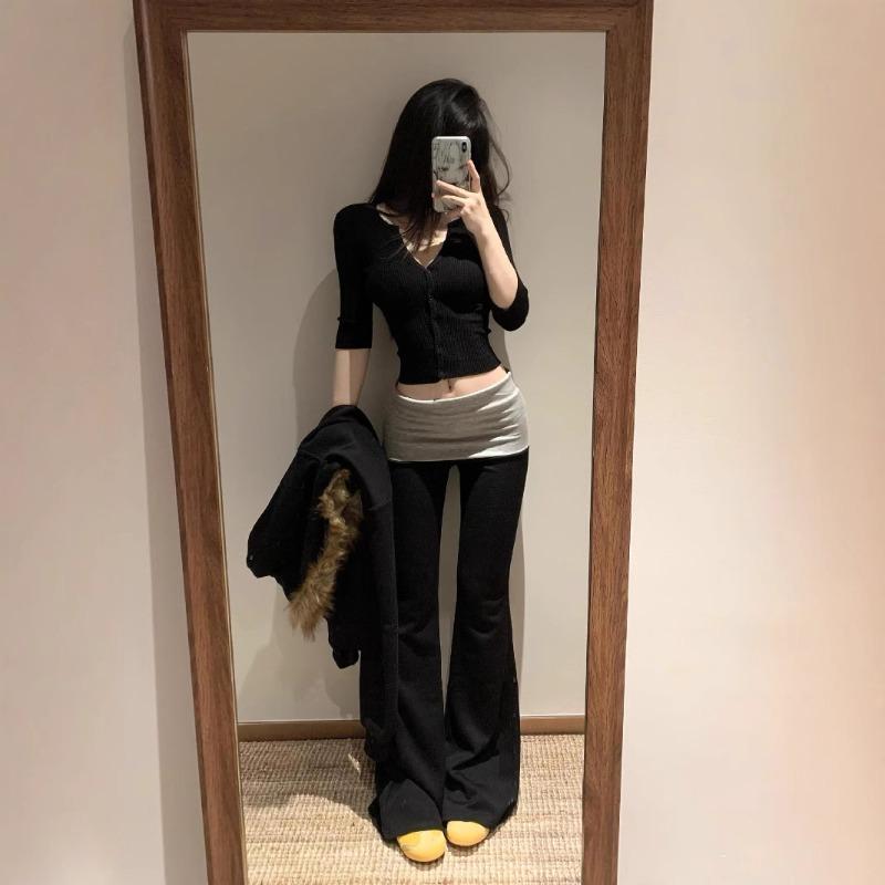 Women's Spice Girls Colour Blocking Waist Head Low Waist Casual Micro Trousers Slim Thin Spice Girls Hundred Sports Knitted Trousers