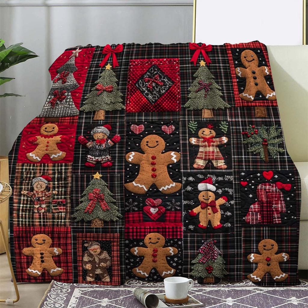 Vintage Gingerbread for Man & Checkered Christmas Tree Blanket Flannel Plaid Throw in Red Black - All-Season Couch Bed Travel