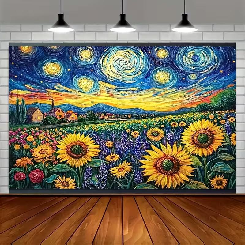 2D Colorful Starry Sky Sunflower Backdrop for Art Class & Event Decoration