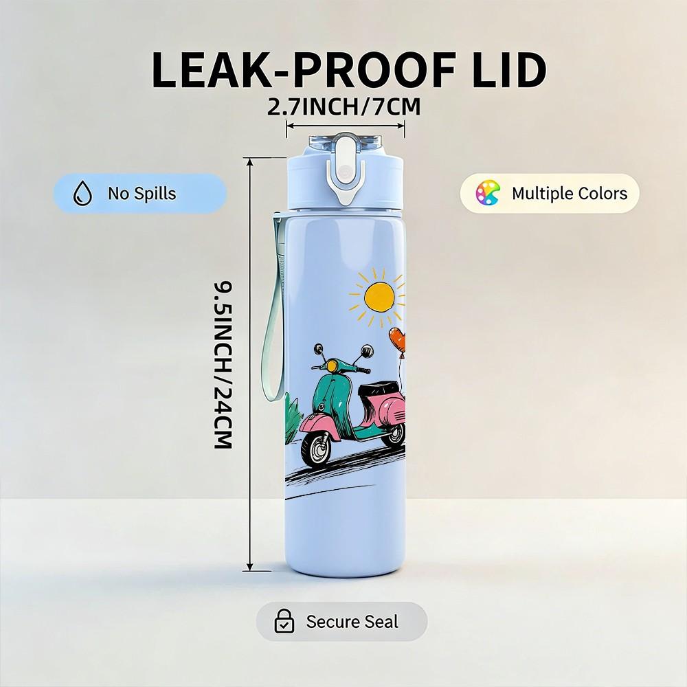 1PC Retro Scooter Rider Pattern 750ml Color Plastic Sports Water Bottle Leakproof Flip Straw Lid Suitable for Sports Office Home Use