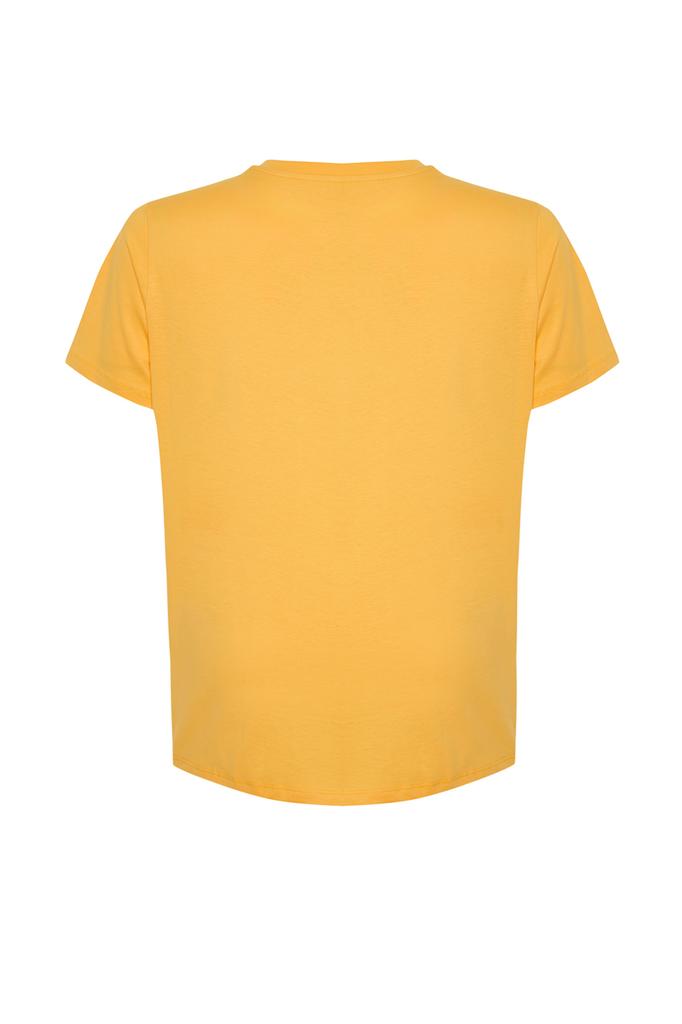 Women's Fashion Plus Size T-Shirt Crew Neck Short Orange Slit and Ruffle Detailed Boyfriend Knitted T-shirt