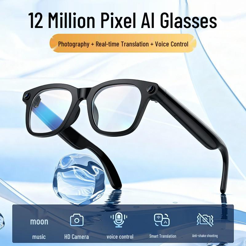 AI-Powered Smart Translation Glasses with 1200W Camera, Dual Microphone, Noise Reduction, and Live Streaming Capability.