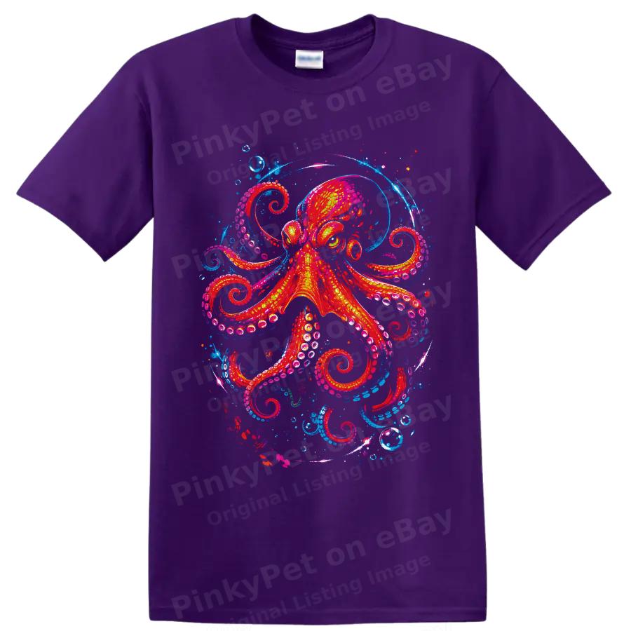 Octopus T Shirt Colorful Neon Ocean Tentacles Marine Life Graphic Tee Gift Art