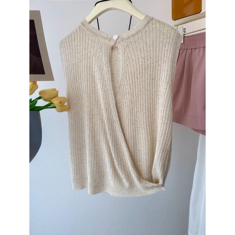 

French style Backless Sleeveless t-shirt Women Summer Hollow out Outer Wear Linen Sling Ice Silk Knitting Shirt Sleeveless Top Apricot color XS