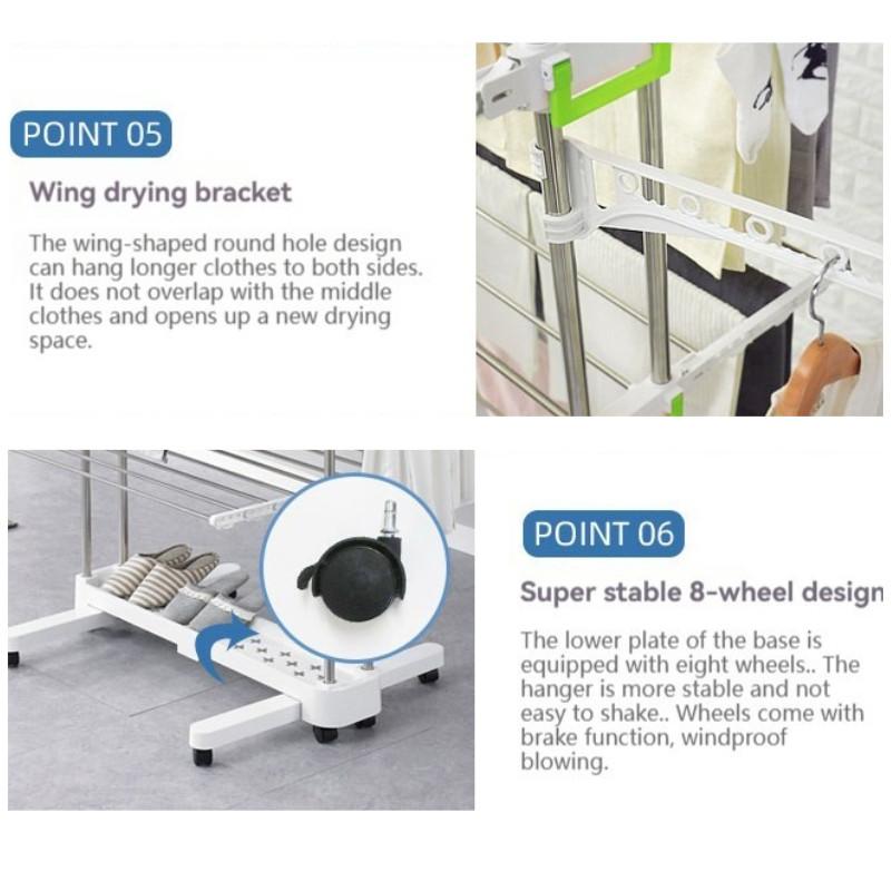 Portable Wing-Type Storage Airer Floor-standing Three-tier Stainless Steel Clothes Hanger Foldable Clothes Drying Rack