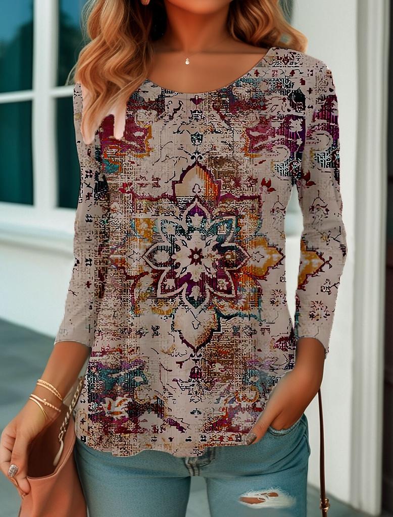 Fashion Women's T shirt Tee Graphic Print Casual Long Sleeve Weekend Vintage Ethnic Crew Neck Regular Fit Painting Fall & Spring