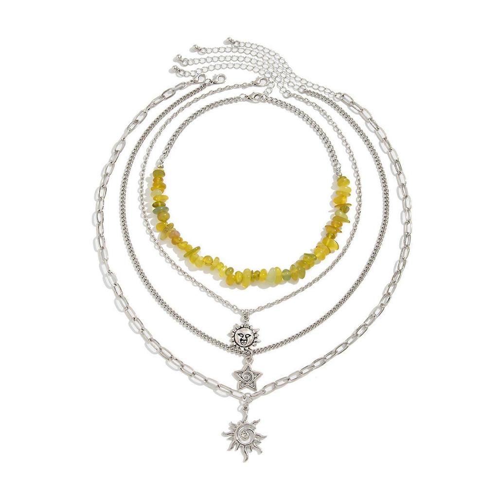 Stylish Stackable Sun and Star Necklace Set Multilayer Clavicle Chain Gravel Bead Jewelry For Casual Or Formal Outfits