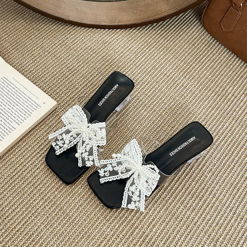 Beaded thick heel bow transparent high heel summer new women's square head sandals lace cool slippers