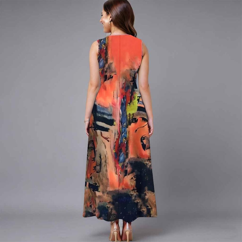 Women Oversized Sleeveless Round Neck Dress Stunning Tropical Bouquet Flowy Mid Length Dress