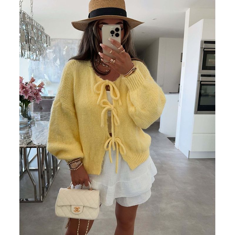 Simple Sweater2025 European and American Autumn and Winter New Women round Neck Lace-up Knit cardigan Simple Sweater Outerwear
