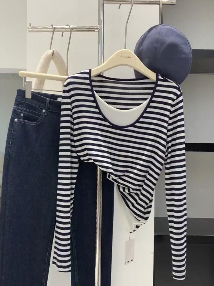 

Fake two black striped gentle wind ice silk sunscreen air conditioner shirt long sleeve shirt women s summer blouse top 2XL