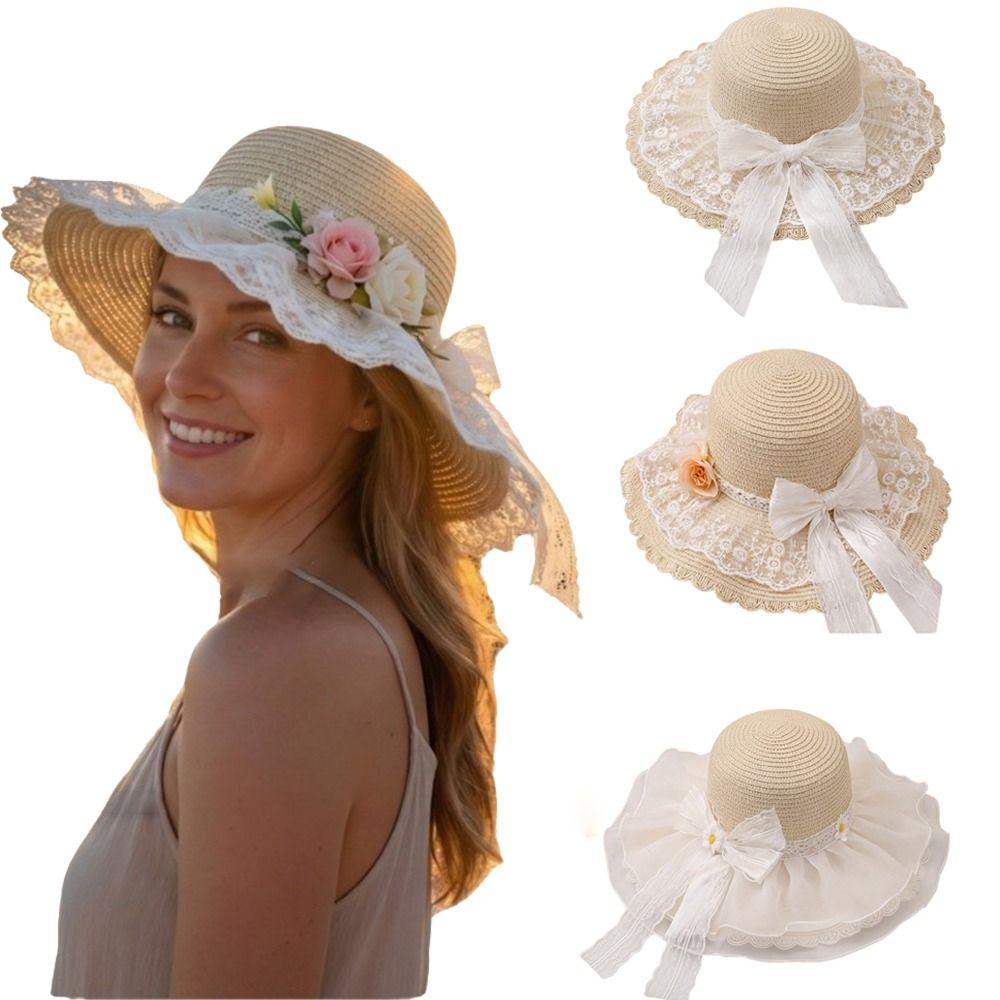 Fashion Lace Bow Sun Hat Breathable Straw Adjustable Wide Brim Hat Lace Ruffle Fisherman Cap Summer Beach