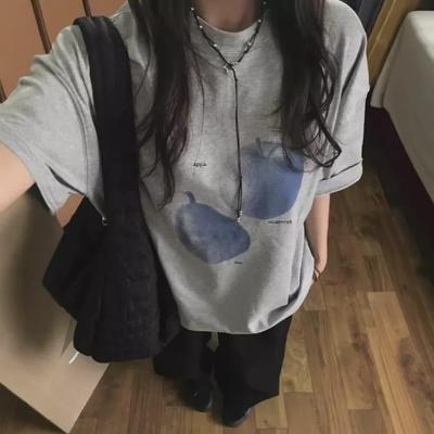 Sweet American Fruit Graphic Oversized T-Shirt - Gray, Short-Sleeve, Round Neck, Casual, Unisex