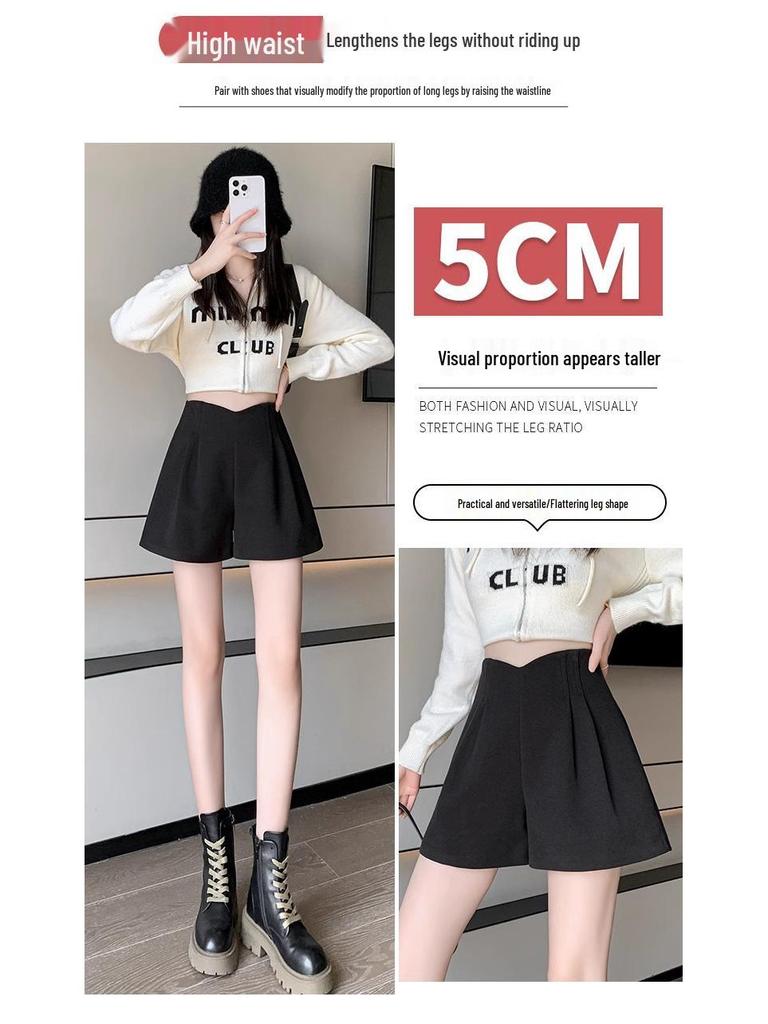 Women's High Waist Woolen Wide-Leg Shorts, Autumn/Winter 2024 Collection - Versatile Casual Wear, Available In Small To Plus Sizes.