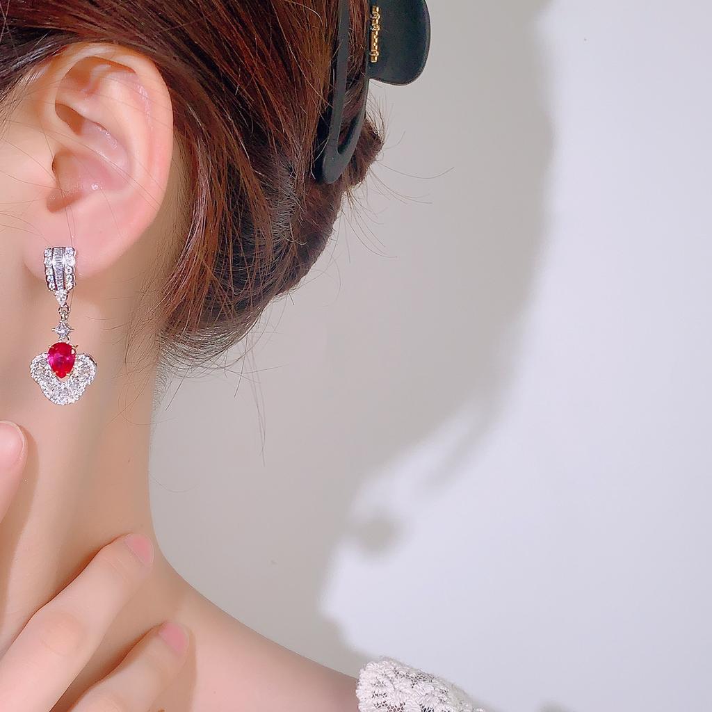Beauty Influencer Pink Crystal Zircon Retro New Chinese Ruby Earrings Long Flower Tassel Accessories
