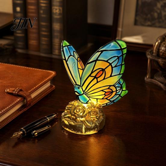Study Desk Atmosphere Light Cute Bedside Table Lamp, Butterfly Rose Nightstand Lamps, Stained Glass Eye Protection Lamp Wing Shade, Bedroom Decor Home