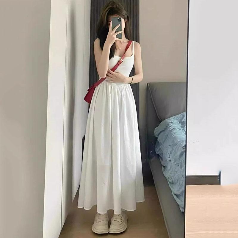

Fashion High Waisted Suspender Dress Female Summer Casual Simple Versatile Long Dresses Women Elegant Streetwear Camisole Dress 2XL білий